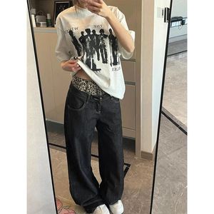 2025 primavera otoño diseño Retro americano Sense empalme estampado de leopardo Jeans para mujeres XL pantalones de trapeador rectos de dos piezas falsos - Product Image 5