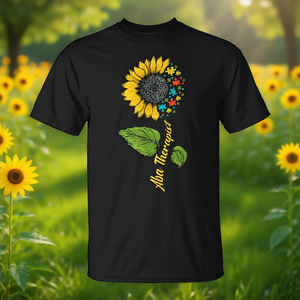 T-shirt ABA Therapist avec motif tournesol, cadeau pour la thérapie de l'autisme, col rond noir - Product Image 3