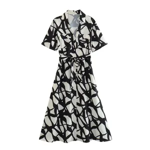 Turn down collar short sleeve sashes black and white color print casual summer elegant women dresses