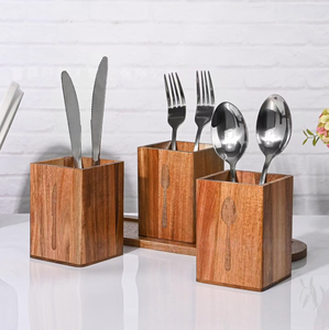 Organisateur de comptoir de cuisine en bois d'acacia, porte-<span class=keywords><strong>couverts</strong></span> à 3 compartiments avec plateau, ensemble de rangement pour ustensiles en bois - Product Image 4