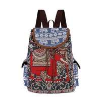 Sac à dos ethnique grande capacité pour femme, brodé éléphant et chat, en toile, fermeture éclair, 20-35L, idéal voyage