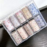 10 Rouleaux de 4*50cm de Films de Transfert 3D pour Ongles à Motifs Floraux Rose, Bleu, Blanc, Petits Autocollants Floraux pour Nail Art, Manucure French pour Salon de Manucure