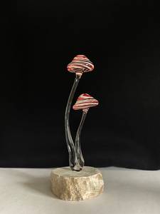 Glass Mushroom Sculpture With Green Swirl Caps On <b>Stone</b> Base Contemporary Tabletop <b>Decor</b> Single Piece - Product Image 5