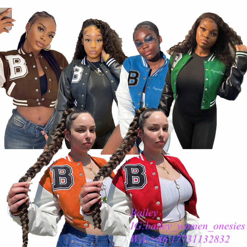 2021 Custom high quality Fall Winter clothes Cotton Long Sleeves coats Ladies Cropped Letterman Baseball Women leather Jackets