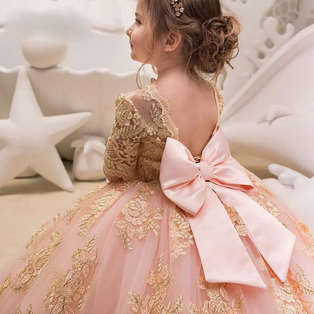 Latest Design New Golden Cute Kids Clothing Dress Casual Baby Girl Birthday and Party Dress