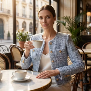 Giacca di Tweed Azzurro Chiaro di Lusso per Donna con Bottoni Dorati, Bordi Sfrangiati, Blazer in Tweed Testurizzato a Diamante, Cappotto in Stile Old Money - Product Image 2