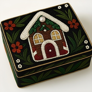 Christmas Beaded Embroidered Velvet Jewelry Box Rectangular Floral Holiday Design Rustic Style Lids Closure - Product Image 1