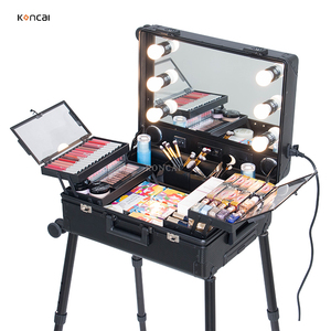 Cán trang điểm trạm Trường hợp với thắp sáng gương <span class=keywords><strong>Make</strong></span> Up Hộp mỹ phẩm du lịch <span class=keywords><strong>Train</strong></span> trường hợp với màu xanh răng và 4 cái chân có thể tháo rời - Product Image 1