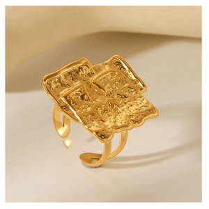 Bague femme de qualité supérieure Style rétro acier inoxydable martelé lumière luxe irrégulier titane acier plaqué or bague ouverte - Product Image 3