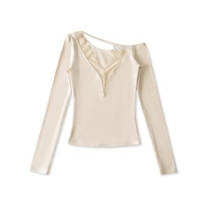 PB&amp;ZAdeep V Lace Sloping Shoulder Long Sleeved T-shirt for Women's Slim Fit and Slimming, <strong>Patchwork</strong> Bottom, Elastic High-end <strong>Top</strong> - Product Image 3