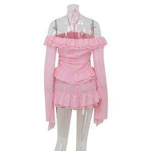 วิวิบลูค์ Z0203ST03 ชุดเซ็ตสองชิ้นสำหรับผู้หญิง เสื้อเปิดไหล่ข้างเดียวแต่งระบายแขนยาว กระโปรงมินิสั้นทรงเอ - Product Image 5