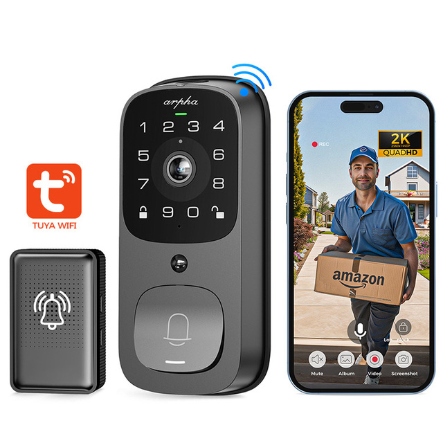 Arpha AL501 2K HD Video Camera Smart Deadbolt Tuya WiFi Fingerprint Door Lock with Two-Way Audio Doorbell IP65 Keyless Entry