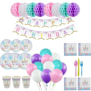 Decoraciones de cumpleaños de unicornio para niñas, suministros de fiesta de unicornio, Kit de vajilla, panales de papel, globo de látex, pancarta de cumpleaños A3262