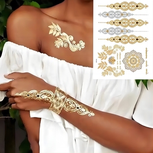 Autocollant de <span class=keywords><strong>tatouage</strong></span> au henné imprimé personnalisé, tatouages métalliques dorés imperméables, autocollant pour le corps et les mains, <span class=keywords><strong>tatouage</strong></span> temporaire pour femmes - Product Image 2