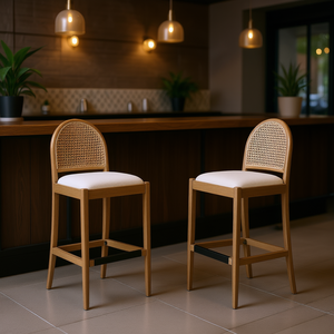 Ensemble de 2 tabourets de bar en rotin courbé Panama, blanc ivoire, structure en bois bouclé, design contemporain - Product Image 2