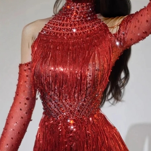 2025 Club Sexy combinaison brillant cristal transparent strass gland paillettes Performance <span class=keywords><strong>rouge</strong></span> manches longues <span class=keywords><strong>body</strong></span> pour maigre été - Product Image 3