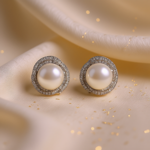 Pendientes de Oro E3078 con Perla Cultivada Blanca, Engaste Redondo Clásico, Joyería de Boda para Mujer - Product Image 2