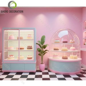 Meubles de boulangerie de haute qualité, comptoir de présentation de gâteaux rose sur mesure, comptoir de présentation en verre trempé pour vitrine de boulangerie - Product Image 1