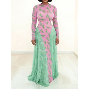 เดรสแฟชั่นแขนยาวพิมพ์ลายดิจิตอล 3 มิติ ผ้าตาข่ายต่อสีสันสำหรับผู้หญิง คอลเลคชั่นฤดูใบไม้ร่วง - Product Image 4