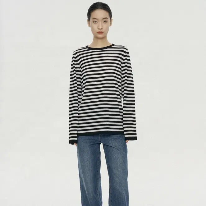[ABC Showroom] Lisa Merino Wool Crew Neck Long Sleeve Knitted Sweater Biella Yarn Solid Color Black White Stripe 16 Gauge