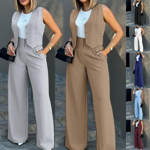 Completi Eleganti da <span class=keywords><strong>Donna</strong></span> Nuova Moda Tinta Unita Abbigliamento Business <span class=keywords><strong>Pantaloni</strong></span> a Gamba Larga con Top Corto Completo Casual - Product Image 2