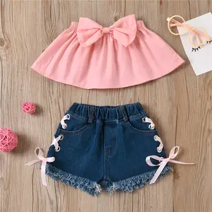 GHY113 Baby Kids Girls Puff Sleeve Polka Dot Tops Ripped Jean Shorts Outfits One Piece Summer Baby Clothes Children