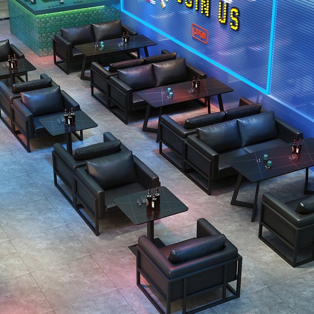 Industrial-style Bar Lounge Booth Sofa Bar Furniture Commercial Caf Natural Stone-Top Table Chair Set