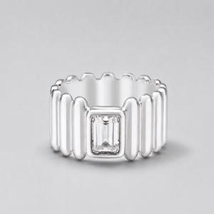 White Topaz 925 Sterling <b>Silver</b> <b>Ring</b> - Emerald-Cut <b>Solitaire</b> on Wide Ribbed Band - Product Image 1
