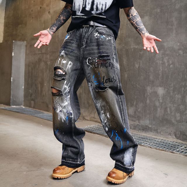 Custom Logo Men Gray Denim Jeans Graffiti Doodle High Waist Straight Wide Leg Ripped Distress Baggy Stretch OEM
