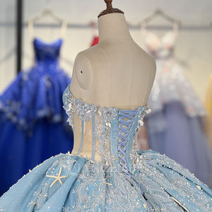 ชุดราตรีงาน Quinceanera สีฟ้าหรูหรา รุ่น Dy6854 ผ้าชีฟอง เอวธรรมชาติ แต่งลูกไม้ประดับเลื่อม งานปักลายฉลุ สำหรับงาน Sweet16 ป้องกันไฟฟ้าสถิตที่ไหล่ - Product Image 3