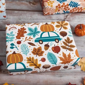 Rouleaux d'emballage en papier d'art écologique double face enduit, recyclables, imprimés numériquement avec motifs personnalisés Feuilles d'automne, Hiboux, Acorns, Voitures - Product Image 4