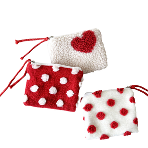 Wholesale <b>Foldable</b> Candy Red Heart Plush Cosmetic Bag Travel Makeup Storage Letter Zipper Cute Pouch Portable Handle for - Product Image 1