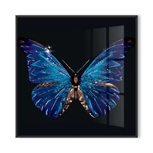 Most Popular Design Animal Blue Butterfly Crystal Porcelain Painting High Quality Custom Support For Wall Decoration