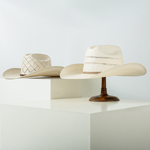 <span class=keywords><strong>Sombrero</strong></span> <span class=keywords><strong>de</strong></span> <span class=keywords><strong>Vaquero</strong></span> Occidental Personalizado Vintage <span class=keywords><strong>de</strong></span> Paja Bangora Marrón con <span class=keywords><strong>Frente</strong></span> Plegado y Diseño Trenzado, Estilo Cattleman, Color Marfil - Product Image 5