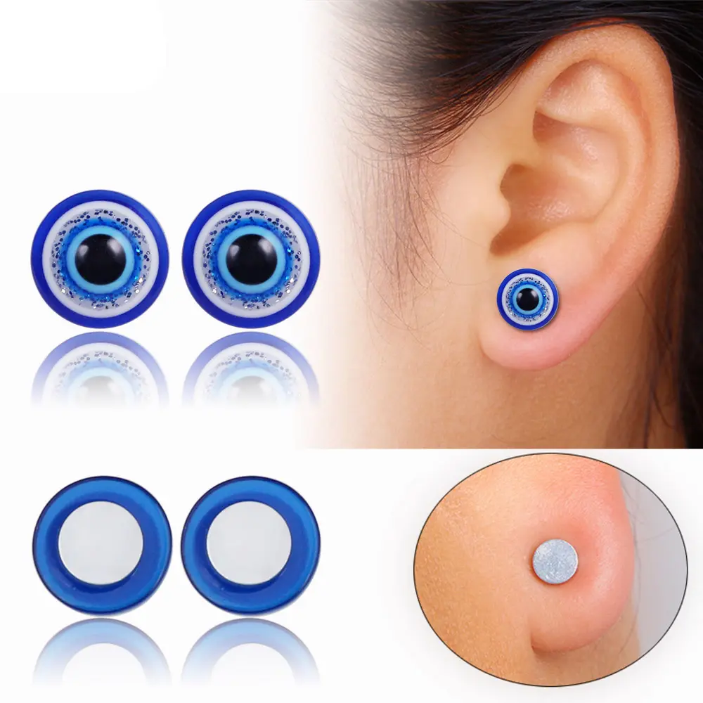 Ruigang Men Unique 6mm 8mm 10mm 12mm Round Resin Magnetic Stud No Ear Hole Blue Eye Earrings