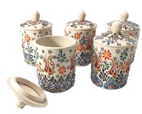 Ensemble de pots à épices en céramique avec couvercle Conteneur de stockage sûr pour les aliments Sucre d'épices décoratif Poterie Lot de 6 pots de cuisine uniques Cadeau décoratif