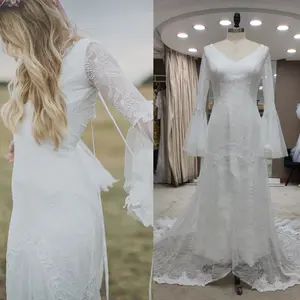 #739 Mẫu Thật Sexy Lady Dài Chuông Tay Áo Quét Tàu Ren V-cổ Backless Ngà Bohemian Bãi Biển Bridal Gown Wedding Dress