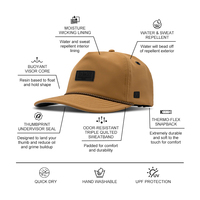 Casquette de golf premium non structurée à 5 panneaux, marron clair, avec logo en PVC, performance imperméable, fermeture snapback avec cordon et patchs personnalisés
