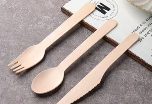Talheres de madeira ecológicos, conjunto de facas e garfos de madeira descartáveis biodegradáveis com logotipo personalizado impresso