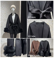 Manteau long en laine double face sur mesure avec poignets en fourrure de renard et ceinture, fabrication OEM, vente en gros, marque privée pour femmes