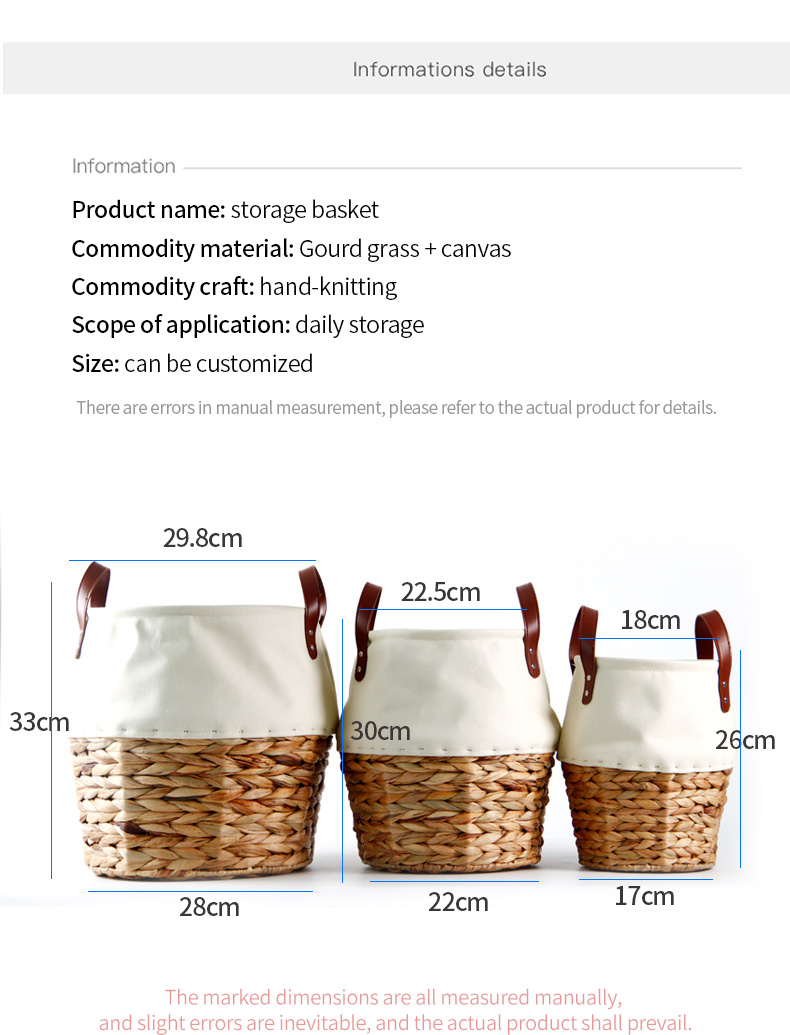 Handwoven Baskets With Leather Handles Water Hyacinth and Canvas Home Storage&Organization Storage Basket