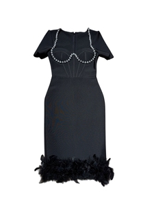 <span class=keywords><strong>Abito</strong></span> lungo da donna elegante <span class=keywords><strong>nero</strong></span> con <span class=keywords><strong>piume</strong></span> e perline, a maniche corte, stile impero, per serate di gala, feste e club, vestito dritto estivo sexy da celebrità - Product Image 4