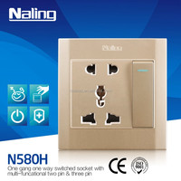 Saklar 1 Gang + Stopkontak 5 Pin 13A MF Standar BS Bangladesh Pakistan, Warna Emas, Harga Terbaik, Laris Manis
