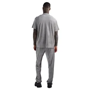 Camisa e calça de veludo plissada, camiseta vazia masculina de manga curta para jogging slim fit