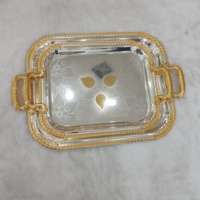 Plateau de Service Rond Doré de Luxe de 45 cm Fait à la Main Marocain, Plateaux à Thé et Café en Métal Argenté et Doré avec Poignées pour Vente en Gros