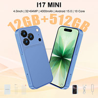 Téléphone portable I17Mini léger et compact, débloqué, 4 pouces, 12 Go + 512 Go, Android 15, Smartphone avec navigation GPS, batterie de secours 4000 mAh