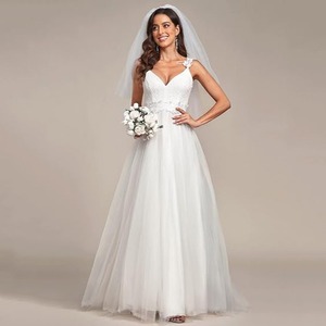 Wedding Dress A-Line V-Neck White Polyester Empire Waist Simple Straps Long Sleeve - Product Image 1