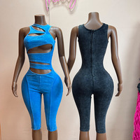 Jumpsuit moulante Jiubaju tendance, couleur unie, ajourée, côtelée, épaules dénudées, fermeture éclair au dos