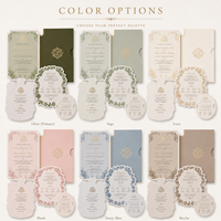 Suite d'invitations de mariage de luxe en papier vert olive avec détails en feuille d'or gaufrée et pochette personnalisée