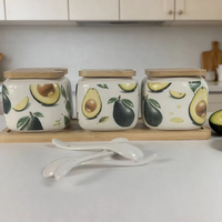Ustensiles de cuisine : Plateau en bambou, pot à condiments en céramique, pot à épices avec couvercle en bambou thème avocat